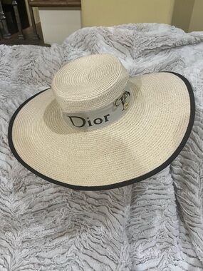 Designer inspired Beige Straw Wide-Brim Hat with Black Trim and Logo Band